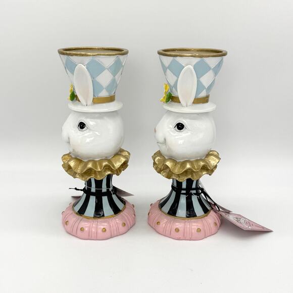 Set of 2 Tophat & Tail Blue Easter Bunny Mad Hatter Pedestal Candle Holder NEW - Picture 2 of 8